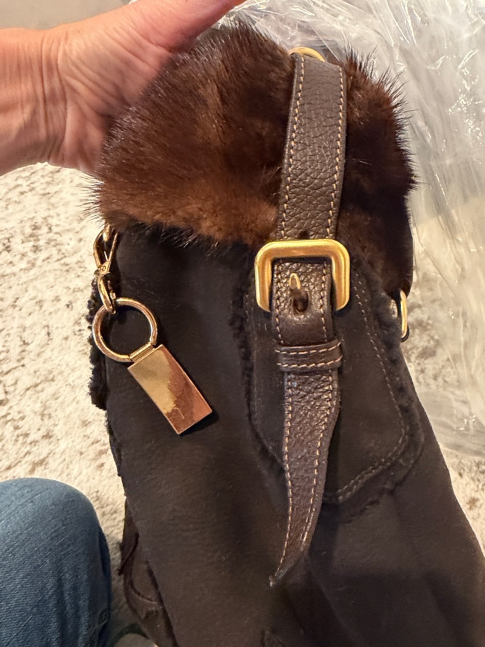 Prada Brown Suede Tote with Mink Fur Trim and Gold Hardware - Picture 13 of 15